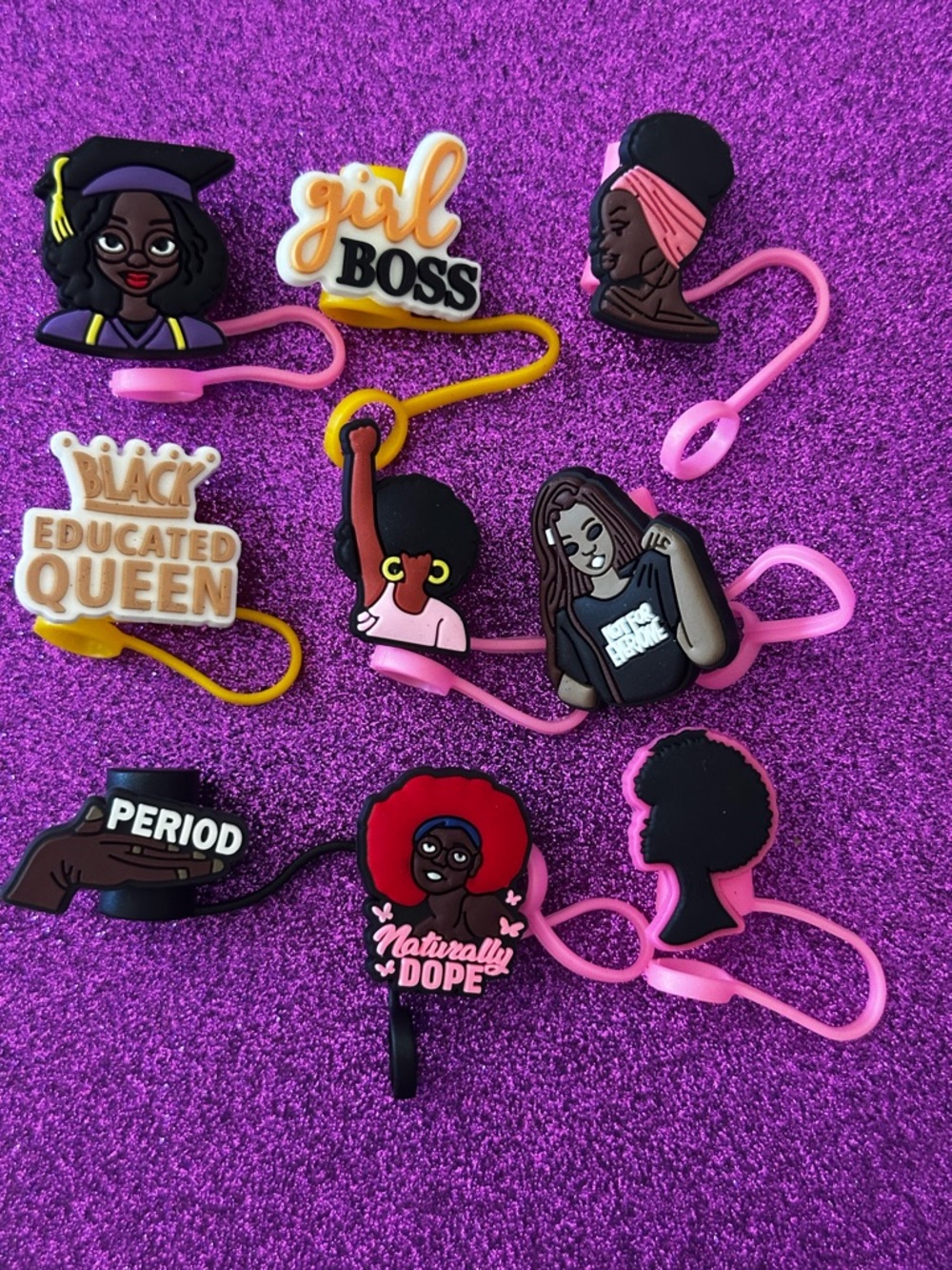 Black Girl Boss & Naturally Dope Silicone Straw Toppers- Pink, Yellow, Black